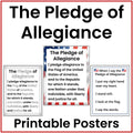 A product listing graphic for printable educational posters about 'The Pledge of Allegiance.' The design shows a large title at the top, three sample poster layouts with the text of the pledge in different styles, and the words 'Printable Posters' at the bottom.