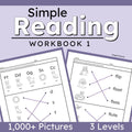 simple reading workbook cover with two sample pages matching letters and words to pictures