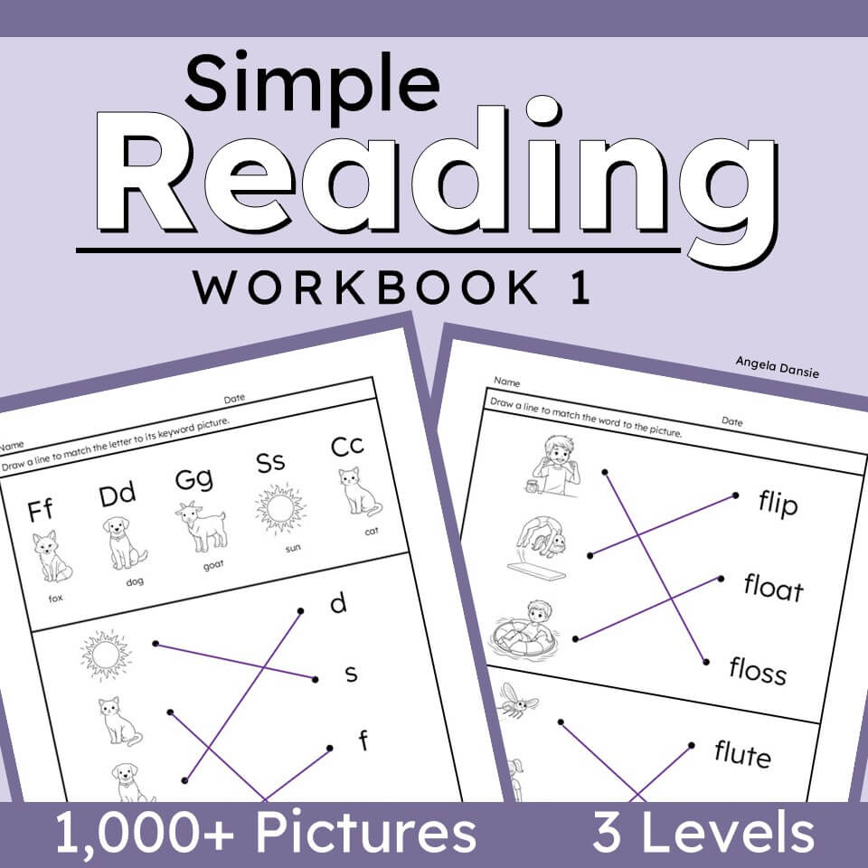 simple reading workbook cover with two sample pages matching letters and words to pictures