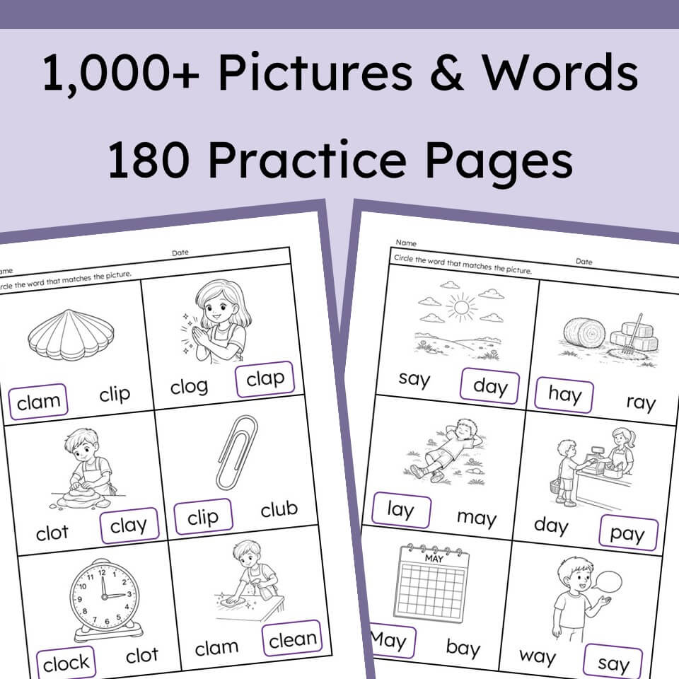Promotional graphic for a children's word practice worksheet set, showing large text reading '1,000+ Pictures & Words' and '180 Practice Pages' above two sample worksheet pages with black-and-white illustrations and word boxes.