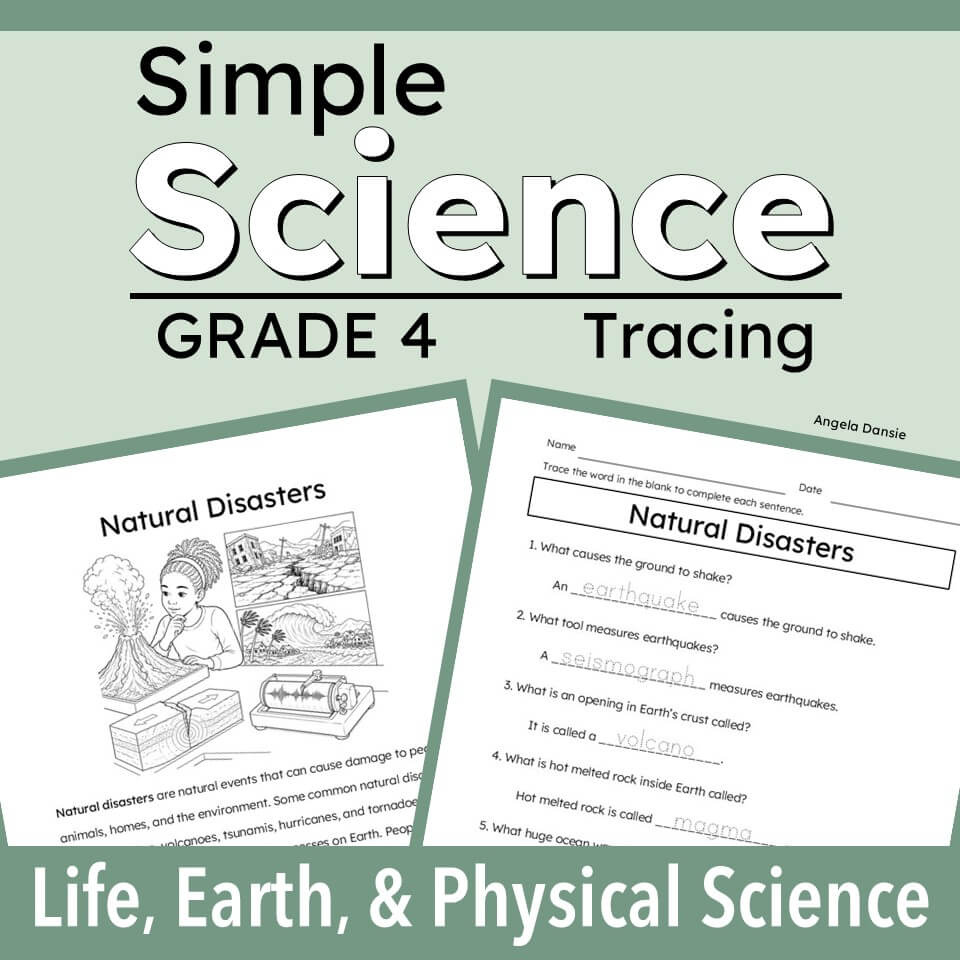 cover graphic for a Grade 4 tracing educational resource titled 'Simple Science Tracing' with the subtitle 'Life, Earth, & Physical Science.' The design shows two sample worksheet pages about natural disasters on a pale green background.