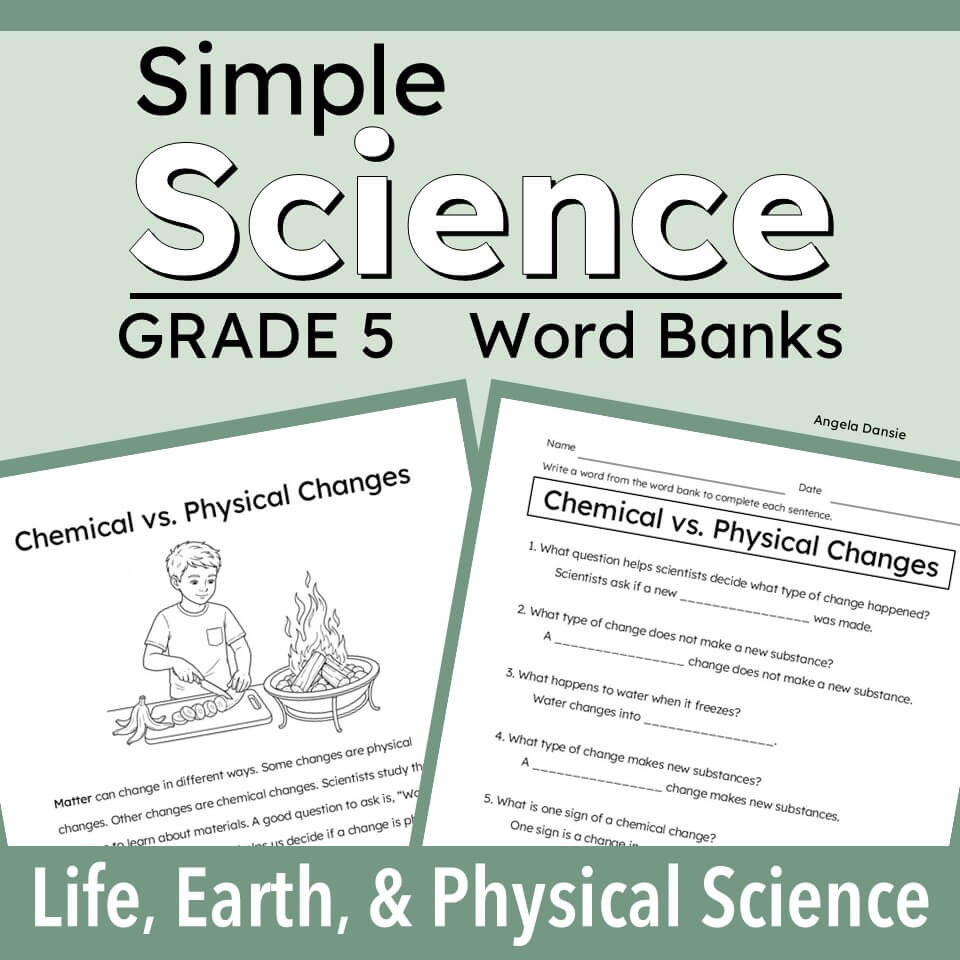 cover graphic for a Grade 5 Science Word Bank resource titled 'Simple Science' with 'Life, Earth, & Physical Science' at the bottom. The design features a sage green background with two sample worksheet pages shown at the bottom left and right, displaying educational content about chemical vs. physical changes