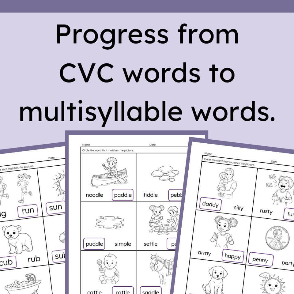 Educational worksheet cover preview showing the text 'Progress from CVC words to multisyllable words.' on a lavender background, with three sample worksheet pages featuring black-and-white illustrations and word banks.