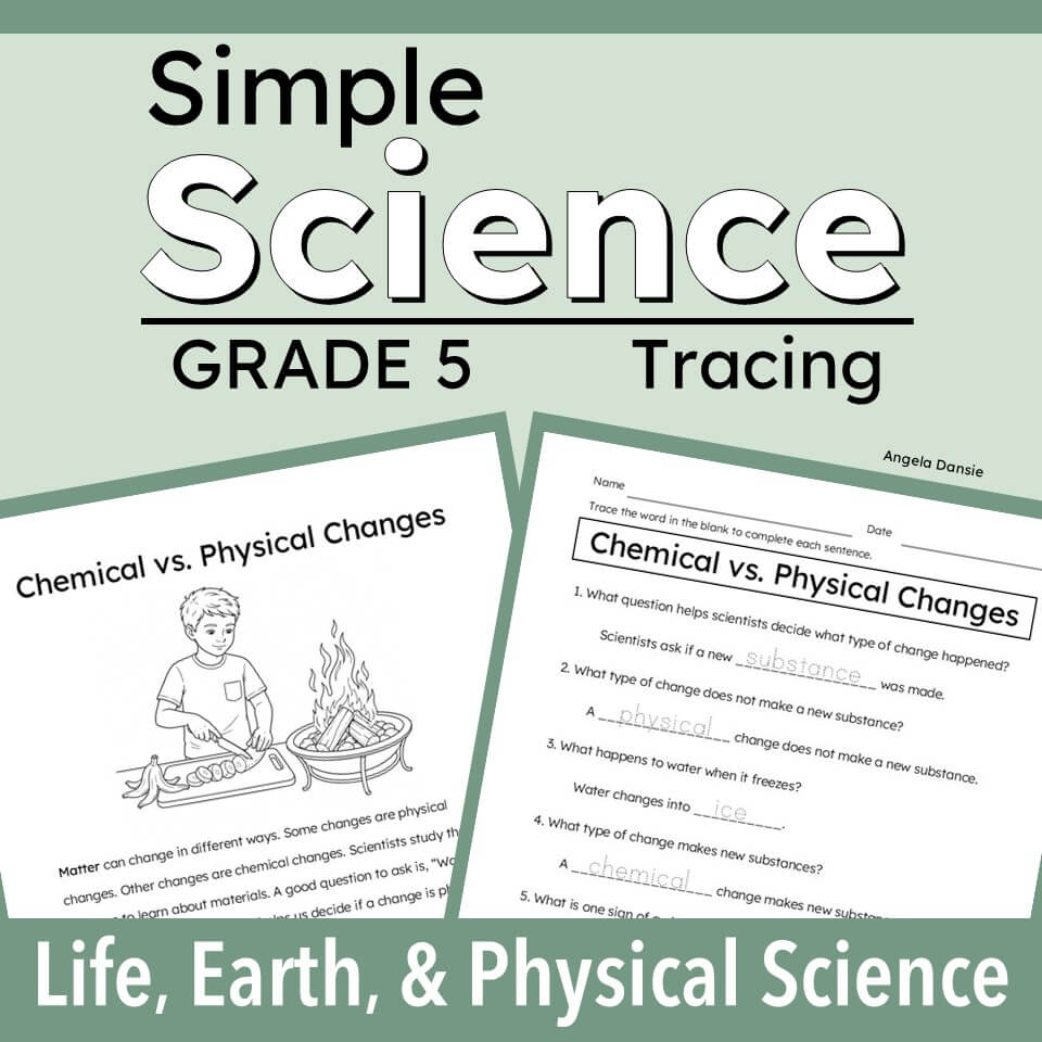 cover graphic for a Grade 5 Science tracing worksheet set titled 'Simple Science Tracing'. The design features a sage green background with white and black text, showing two sample worksheet pages: 'Chemical vs. Physical Changes'