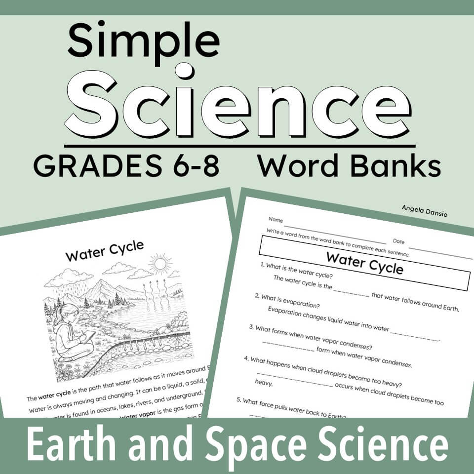 Promotional graphic for a digital or printable educational resource titled 'Simple Science Word Banks GRADES 6-8' with 'Earth and Space Science' written at the bottom. Two sample worksheet pages for 'Water Cycle' are shown on a pale green background.