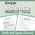 cover graphic for a printable educational worksheet set titled 'Simple Science Tracing' focusing on the 'Water Cycle' for grades 6-8. The design features a sage green background with two sample worksheet pages displayed at the bottom, showing black-and-white line art and fill-in-the-blank text exercises.