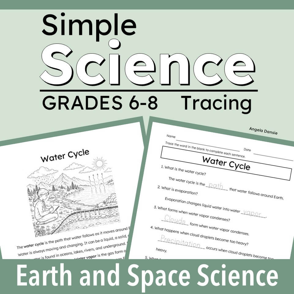cover graphic for a printable educational worksheet set titled 'Simple Science Tracing' focusing on the 'Water Cycle' for grades 6-8. The design features a sage green background with two sample worksheet pages displayed at the bottom, showing black-and-white line art and fill-in-the-blank text exercises.