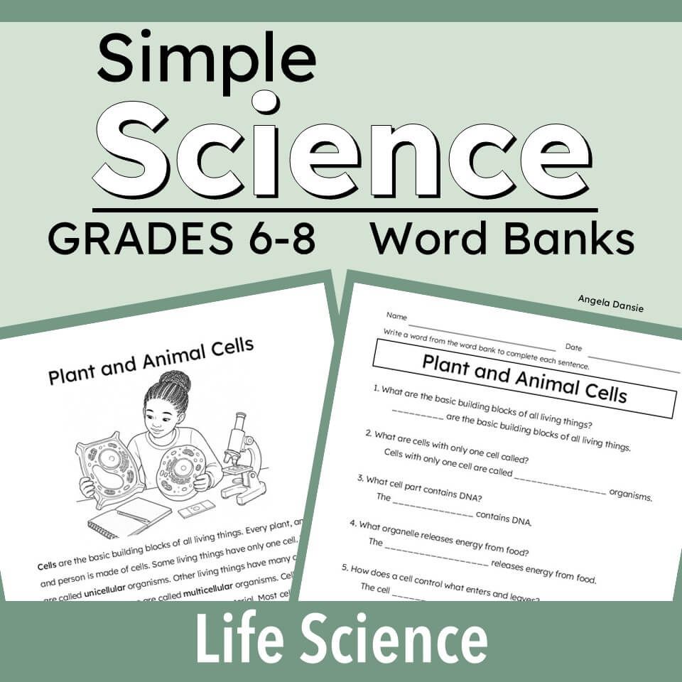 cover graphic for educational word banks titled 'Simple Science GRADES 6-8 Word Banks' with 'Life Science' at the bottom. Two sample worksheet pages are shown: one titled 'Plant and Animal Cells' with an illustration, and another with worksheet text.