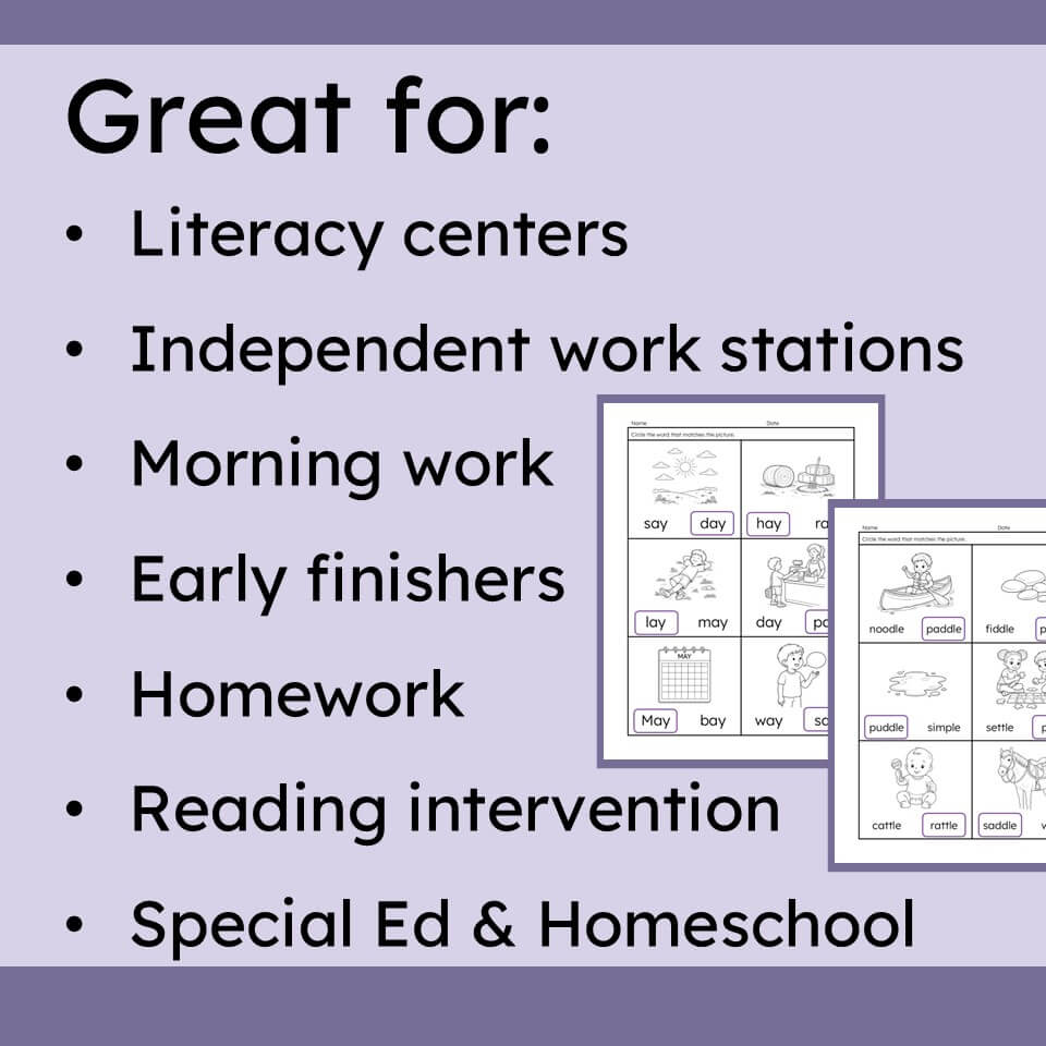 A purple promotional graphic with black text reading 'Great for:' followed by a bulleted list for literacy centers, independent work stations, morning work, early finishers, homework, reading intervention, and special ed / homeschool. Two small preview boxes show printable worksheet pages with simple black-and-white illustrations.
