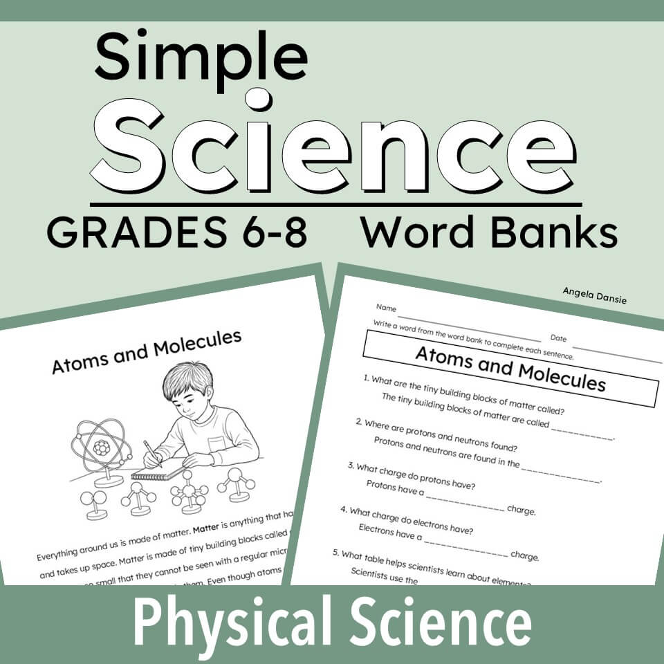 Promotional graphic for a 'Simple Science' physical science word bank set for grades 6-8. The image features a sage green background with bold white and black text, showing previews of two printable worksheet pages titled 'Atoms and Molecules'.
