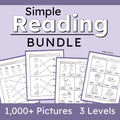 Promotional graphic for a 'Simple Reading BUNDLE' showing several worksheet pages with black-and-white reading activities and words, plus large text stating '1,000+ Pictures 3 Levels' on a lavender background.