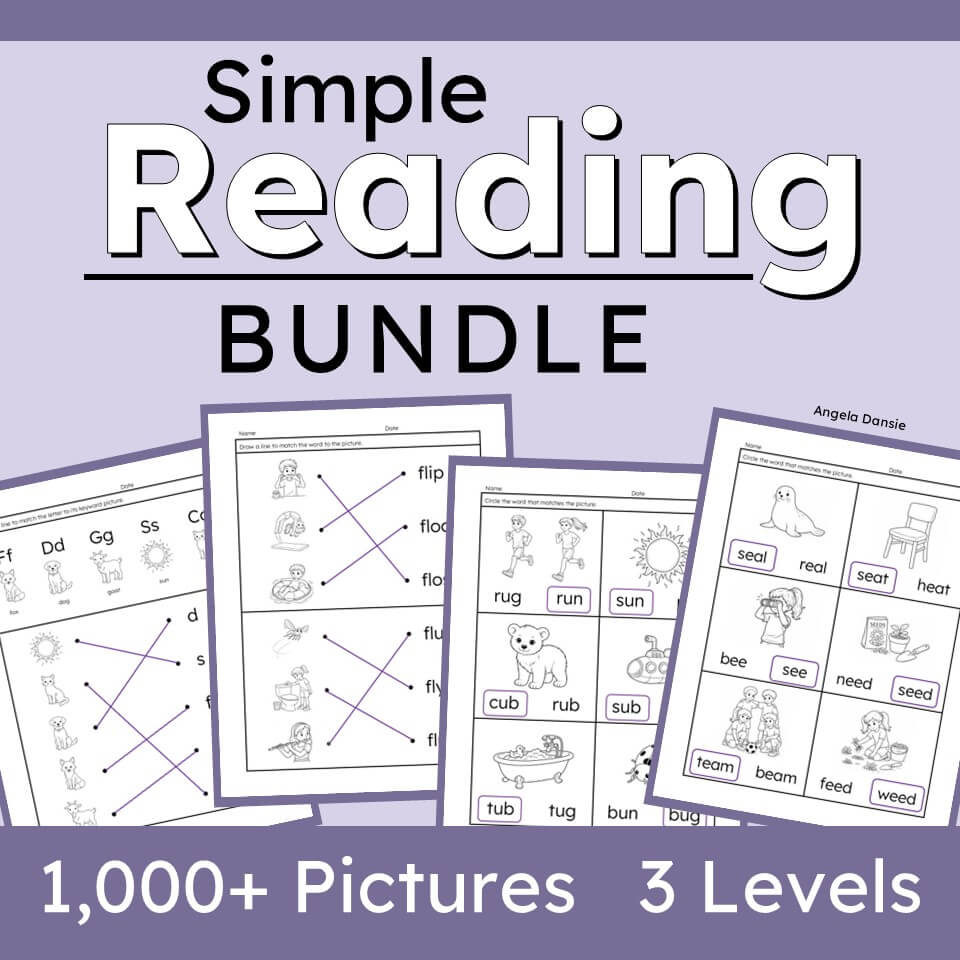 Promotional graphic for a 'Simple Reading BUNDLE' showing several worksheet pages with black-and-white reading activities and words, plus large text stating '1,000+ Pictures 3 Levels' on a lavender background.