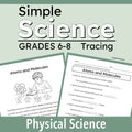 cover graphic for a printable educational resource titled 'Simple Science Tracing' for grades 6-8, featuring two sample worksheet pages on atoms and molecules over a sage green background.