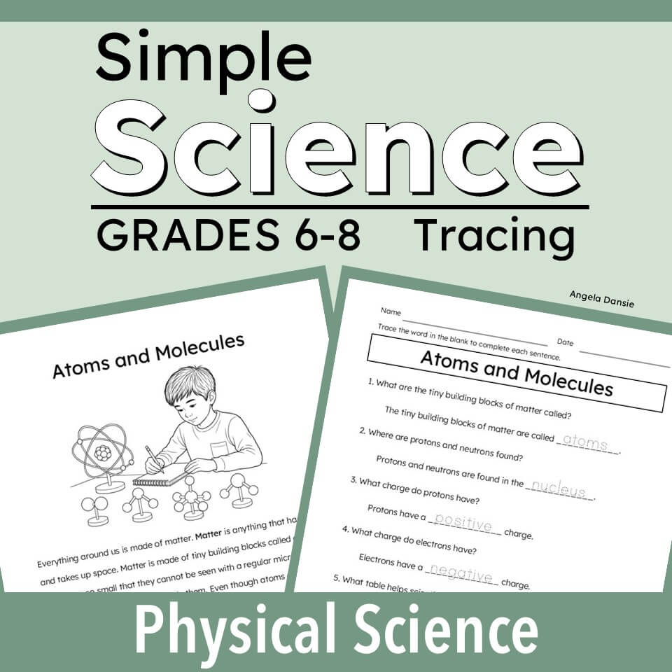 cover graphic for a printable educational resource titled 'Simple Science Tracing' for grades 6-8, featuring two sample worksheet pages on atoms and molecules over a sage green background.