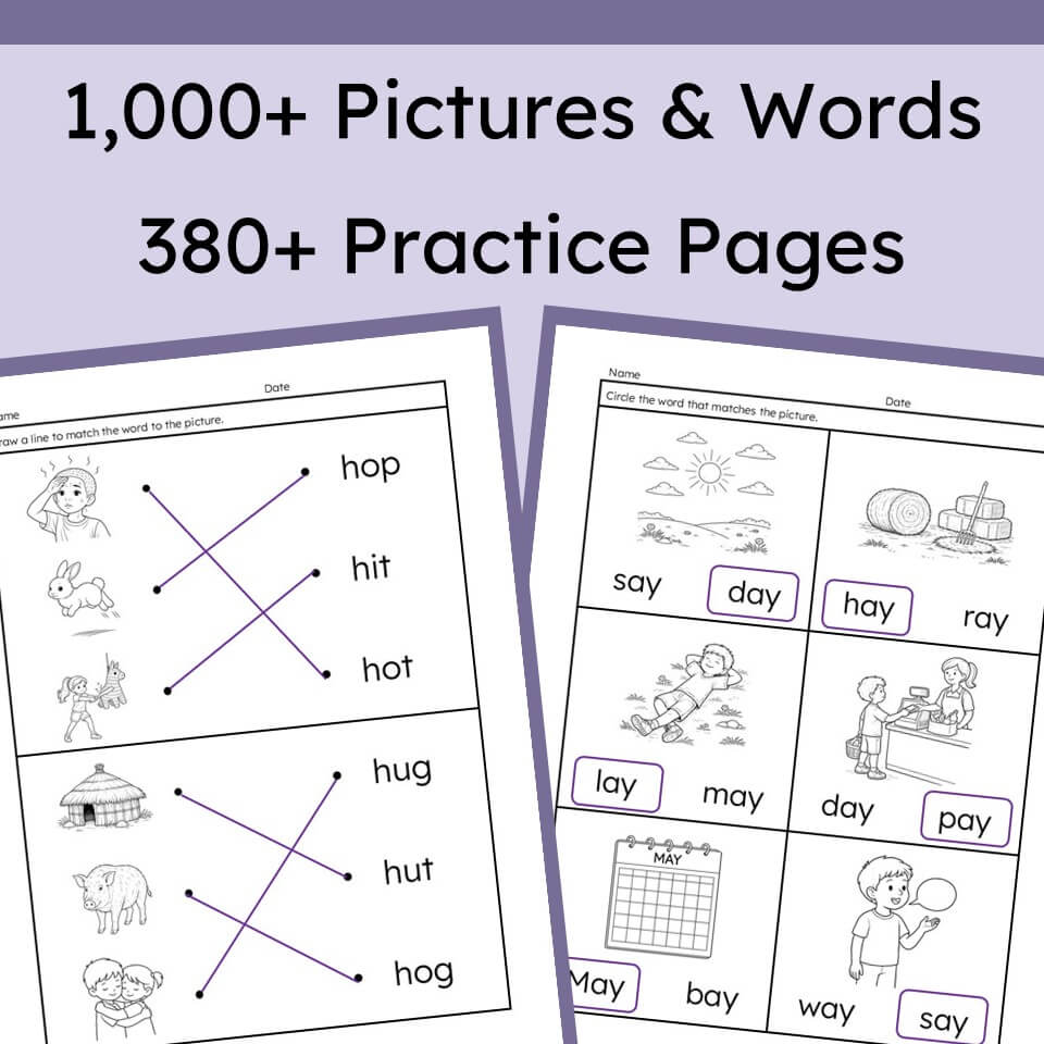 Promotional graphic for a printable word-and-picture practice workbook, showing large text reading '1,000+ Pictures & Words' and '380+ Practice Pages' above two sample worksheet pages with black-and-white illustrations and matching exercises.