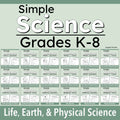 A  cover graphic for an educational resource titled 'Simple Science Grades K-8' by Angelo Dansie. The design features a light sage green background, bold white and black text, and a grid of small book covers representing different science curriculums (Life, Earth, & Physical Science; Grades K-8).