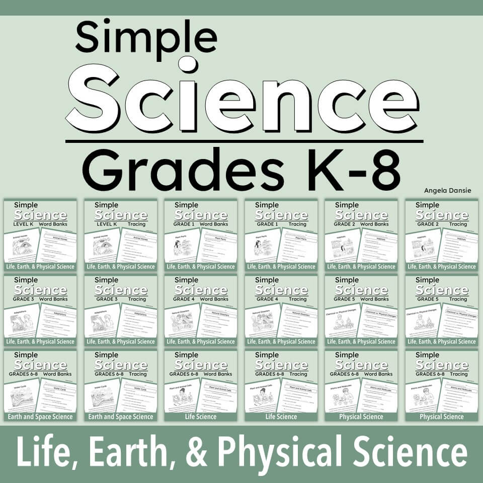 A  cover graphic for an educational resource titled 'Simple Science Grades K-8' by Angelo Dansie. The design features a light sage green background, bold white and black text, and a grid of small book covers representing different science curriculums (Life, Earth, & Physical Science; Grades K-8).
