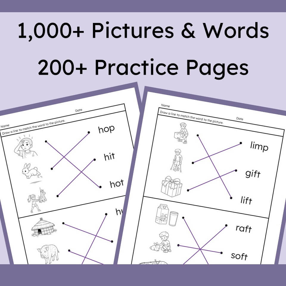 Promotional graphic for a children's word-and-picture practice workbook, showing large text reading '1,000+ Pictures & Words' and '200+ Practice Pages' above two sample worksheet pages with matching exercises.