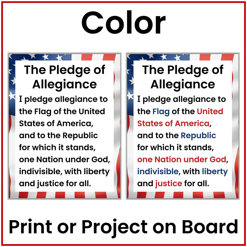 A digital preview showing two printed poster-style panels with the text 'The Pledge of Allegiance' and an American flag border, under the heading 'Color' and with the note 'Print or Project on Board' on a white background.