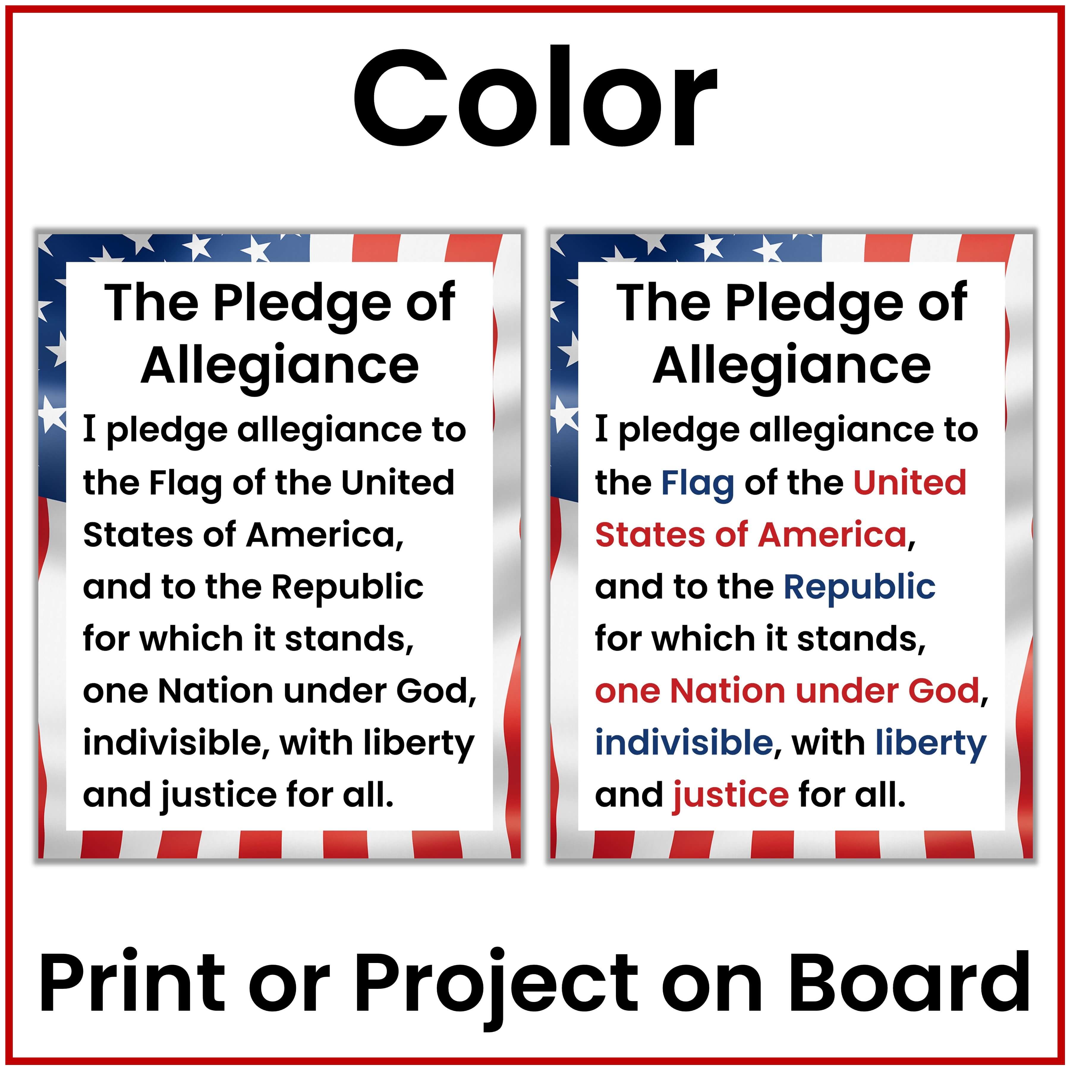A digital preview showing two printed poster-style panels with the text 'The Pledge of Allegiance' and an American flag border, under the heading 'Color' and with the note 'Print or Project on Board' on a white background.