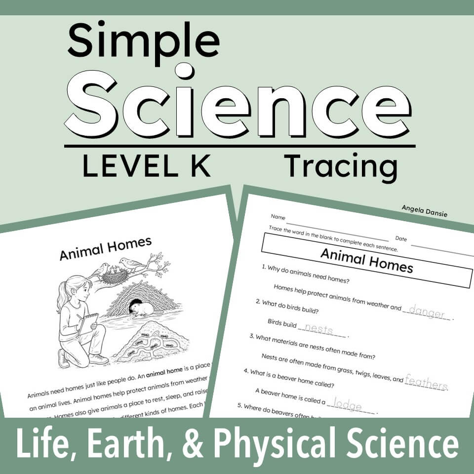 A cover graphic for a printable educational worksheet titled 'Simple Science Level K Tracing' under the 'Life, Earth, & Physical Science' series. The design features a sage green background with two sample worksheet pages displayed at the bottom, showing black and white line art and text tracing exercises.
