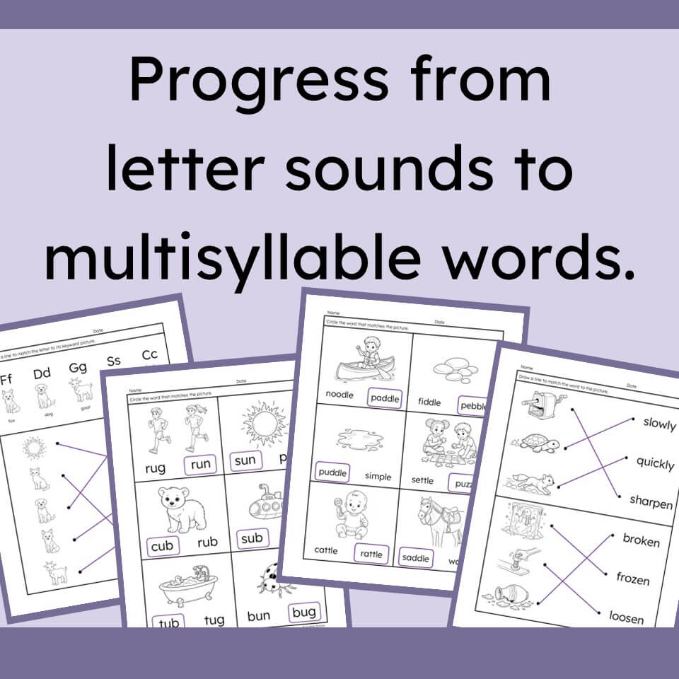 Educational worksheet preview showing text that reads 'Progress from letter sounds to multisyllable words.' over several sample pages with black-and-white line drawings and words such as noodle, puddle, saddle, quickly, and broken.