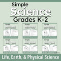 A cover graphic for a printable educational resource titled 'Simple Science Grades K-2' with six small sample worksheet previews arranged in a grid on a pale green background.