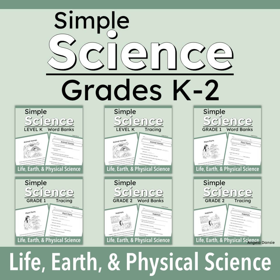 A cover graphic for a printable educational resource titled 'Simple Science Grades K-2' with six small sample worksheet previews arranged in a grid on a pale green background.
