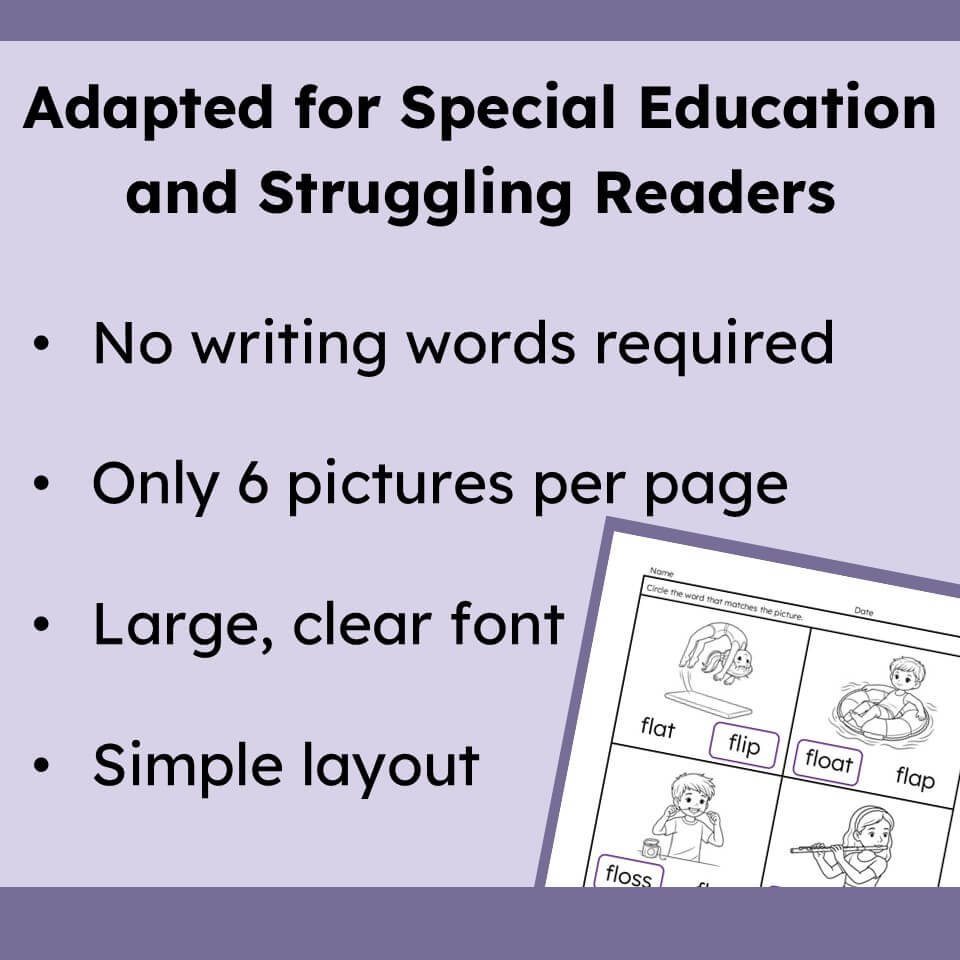 Promotional graphic for an adapted reading worksheet designed for special education and struggling readers. The purple graphic features black text highlighting key features like 'No writing words required' and 'Only 6 pictures per page', alongside a preview of the worksheet showing simple black-and-white illustrations.