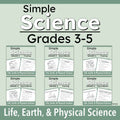 A cover graphic for a printable educational resource titled 'Simple Science Grades 3-5' with six sample worksheet previews arranged in a grid on a pale green background.