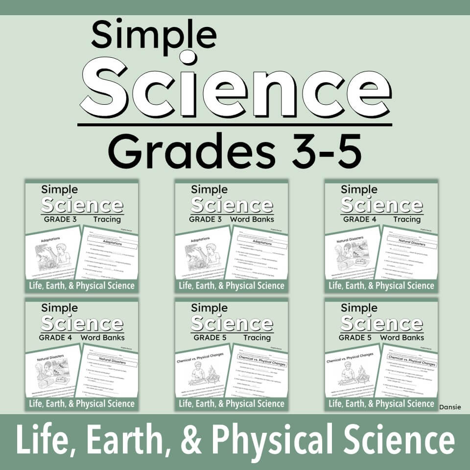 A cover graphic for a printable educational resource titled 'Simple Science Grades 3-5' with six sample worksheet previews arranged in a grid on a pale green background.
