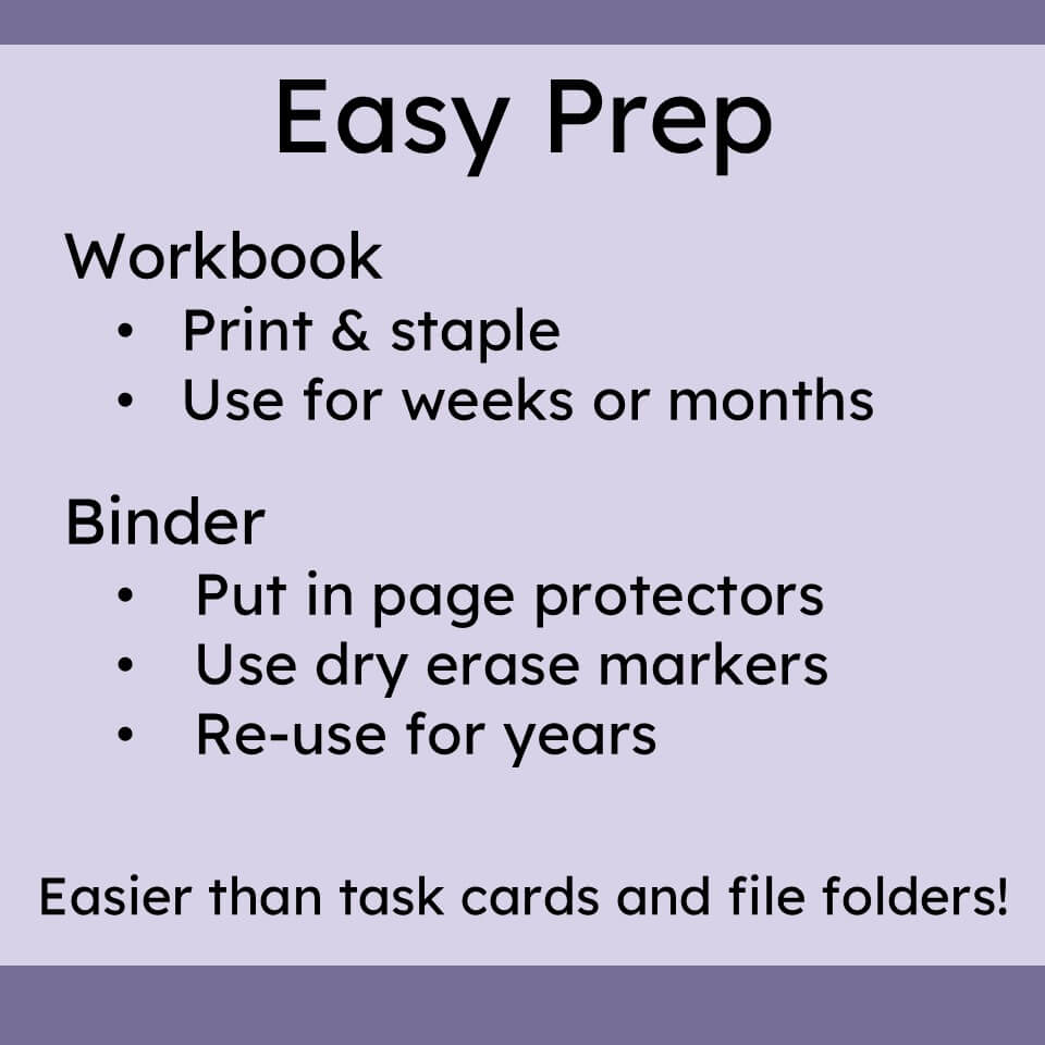 A text-based promotional graphic for an educational 'Easy Prep' workbook and binder set. The graphic features black text on a light lavender background with dark purple bars at the top and bottom.