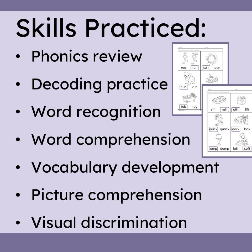 A purple educational graphic titled 'Skills Practiced:' listing bullet points for phonics review, decoding practice, word recognition, word comprehension, vocabulary development, picture comprehension, and visual discrimination, with small sample worksheet previews on the right.