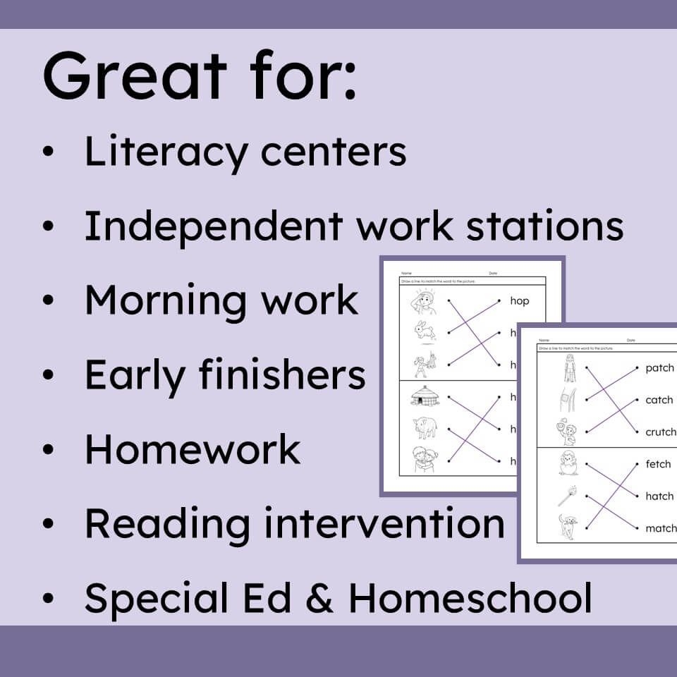 A purple promotional graphic with the heading 'Great for:' and a bulleted list for literacy centers, independent work stations, morning work, early finishers, homework, reading intervention, and special ed/homeschool use. Two small sample worksheet pages are shown on the right.