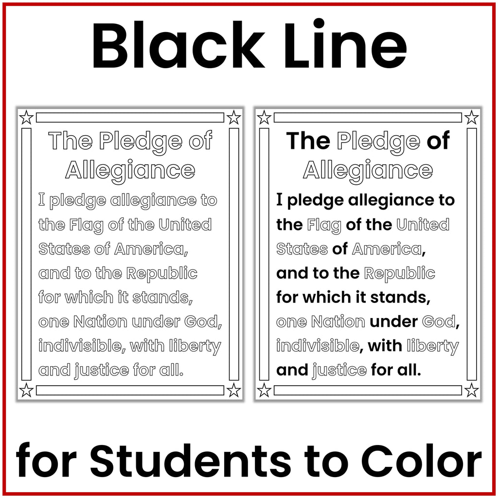 A product preview graphic for a printable educational coloring page. The graphic features a white background with a thin red border, bold black title text reading 'Black Line' at the top, and two preview boxes of the 'The Pledge of Allegiance' page.