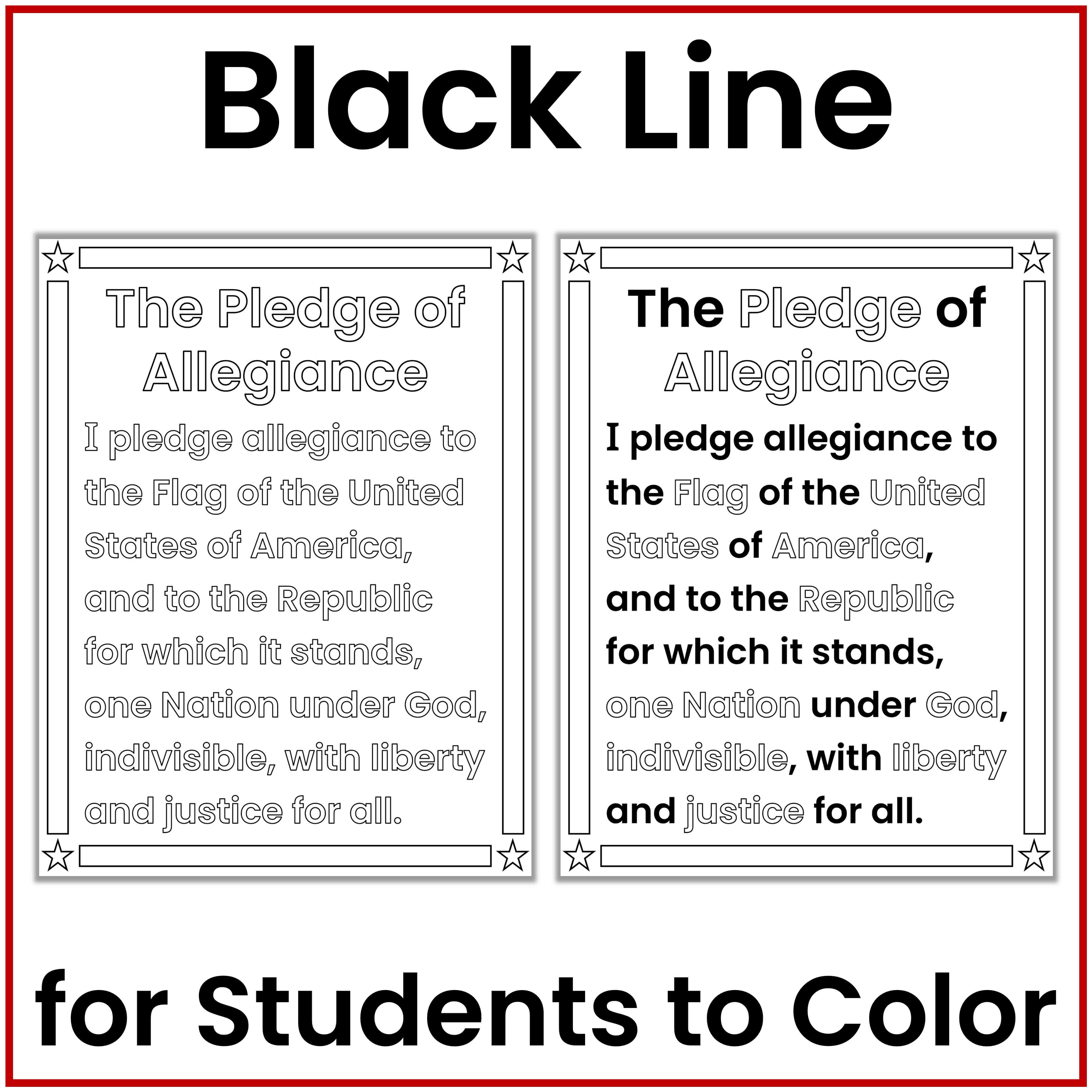 A product preview graphic for a printable educational coloring page. The graphic features a white background with a thin red border, bold black title text reading 'Black Line' at the top, and two preview boxes of the 'The Pledge of Allegiance' page.