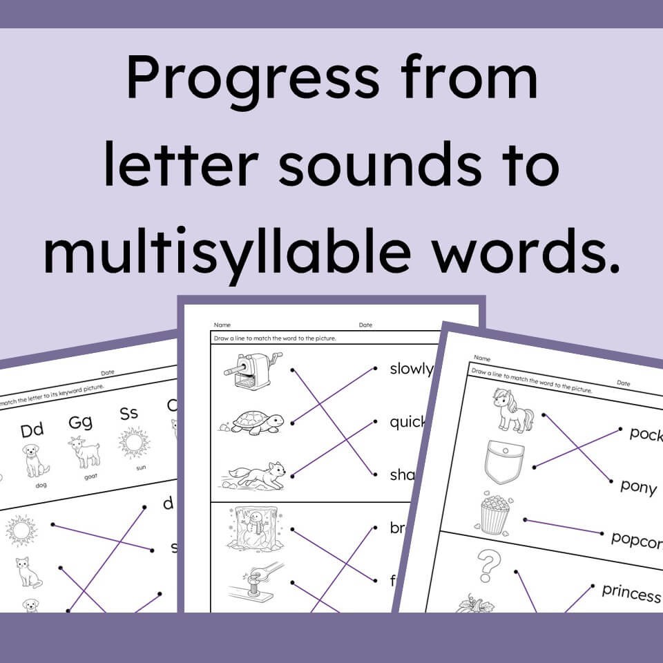 Educational worksheet preview showing progress from letter sounds to multisyllable words, with large black text on a lavender background and several sample printable pages fanned out below.