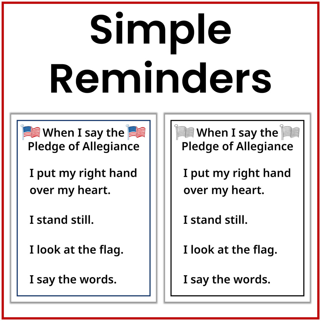A simple educational poster titled 'Simple Reminders' with two white panels showing the Pledge of Allegiance text and hand gesture instructions, framed by a red border on a white background.