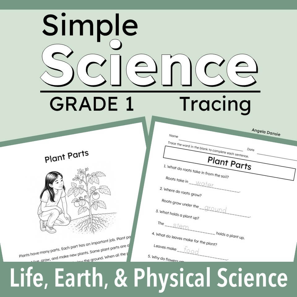 Grade 1 science tracing worksheet cover titled 'Simple Science Grade 1 Tracing' with two sample worksheet pages showing 'Plant Parts' and 'Life, Earth, & Physical Science' text on a pale green background.