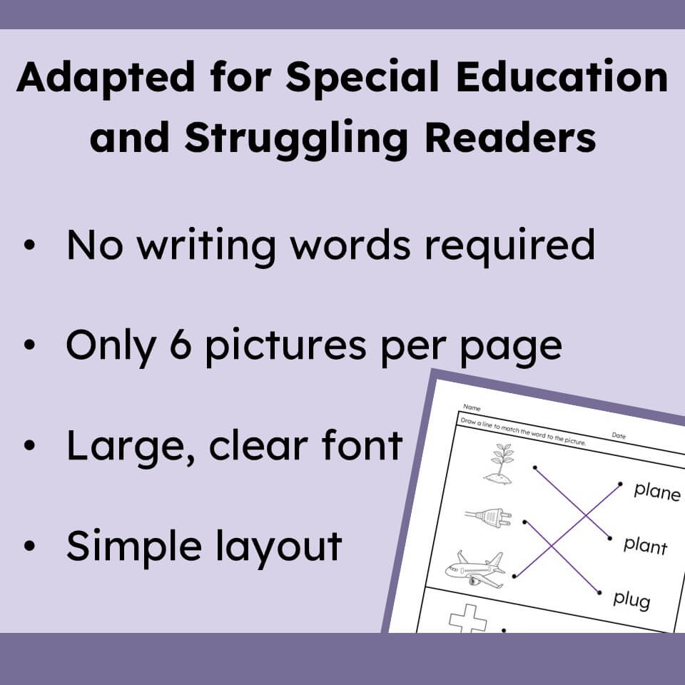 Promotional graphic for an adapted reading worksheet, featuring bullet points that say it is adapted for special education and struggling readers, with no writing words required, only 6 pictures per page, large clear font, and a simple layout. A small preview of the worksheet is shown in the bottom right corner.