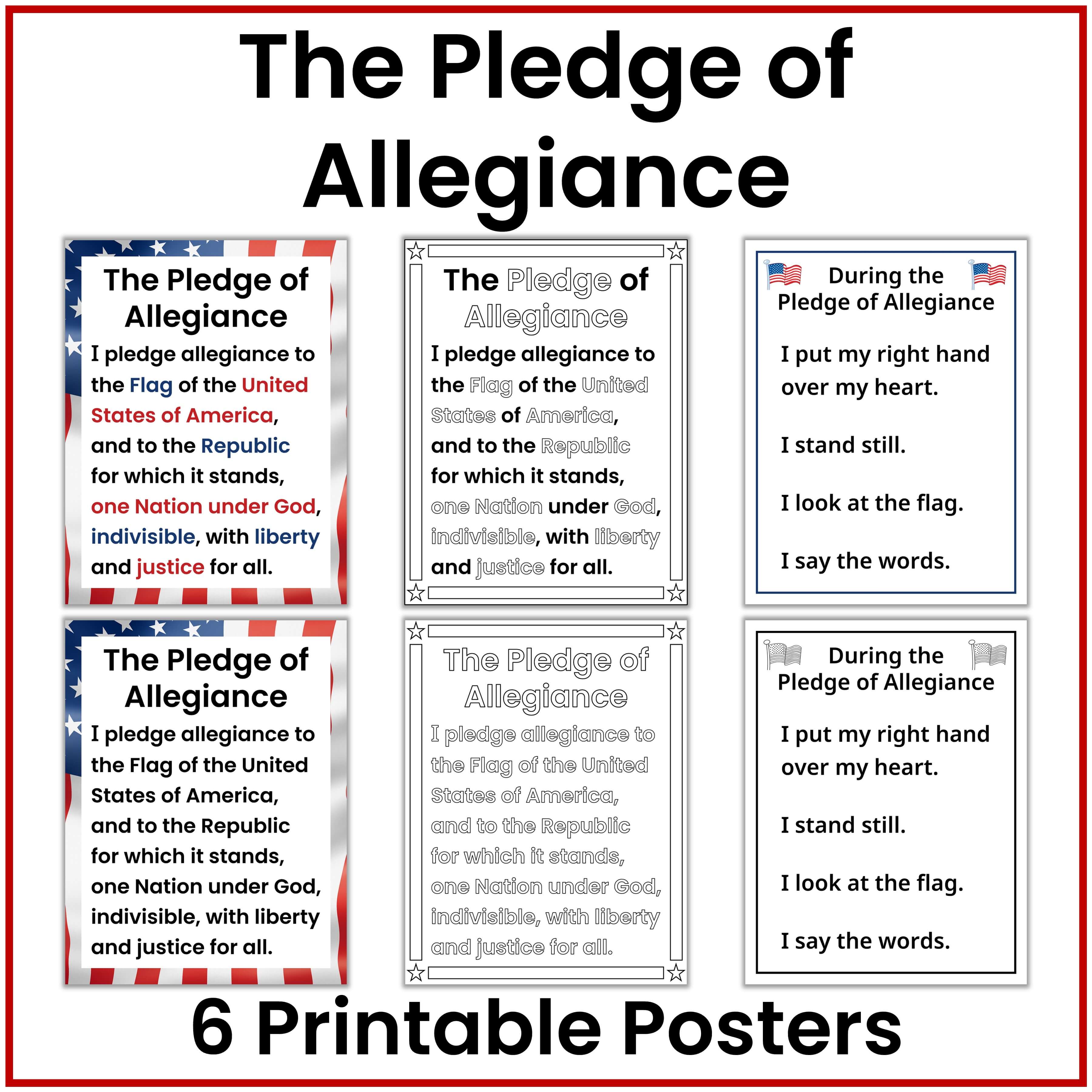A product listing graphic showing six printable 'The Pledge of Allegiance' poster designs arranged in a grid on a white background with a red border. Large text at the top reads 'The Pledge of Allegiance' and text at the bottom reads '6 Printable Posters'.
