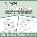 cover graphic for 'Simple Science Grade 2 Word Banks' featuring two sample worksheet pages about 'Habitats' on a pale green background with white and dark green text.