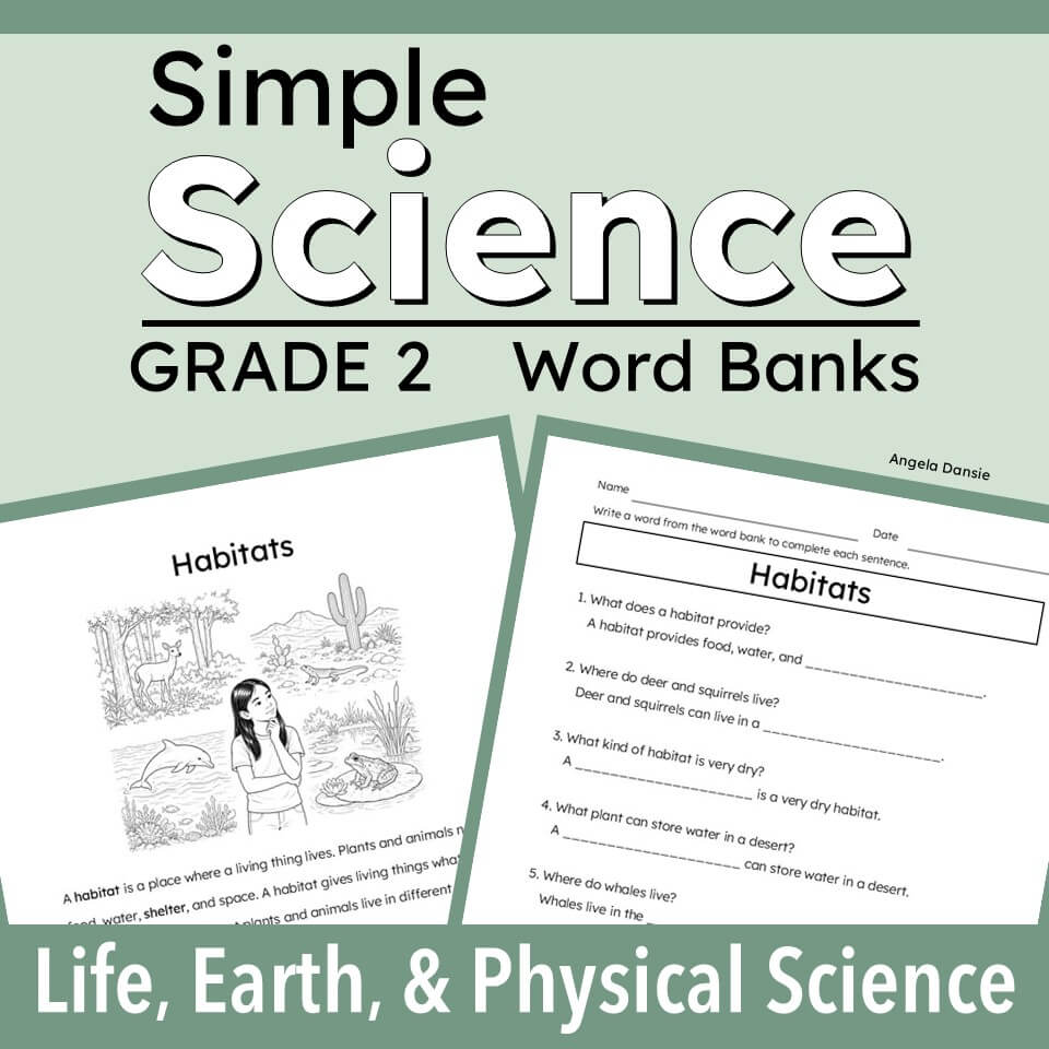 cover graphic for 'Simple Science Grade 2 Word Banks' featuring two sample worksheet pages about 'Habitats' on a pale green background with white and dark green text.