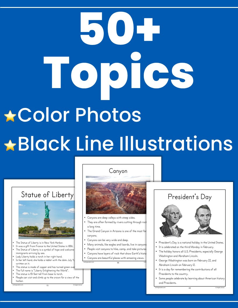 Promotional graphic for an educational resource showing '50+ Topics' in large white text on a blue background, with bullet points reading 'Color Photos' and 'Black Line Illustrations,' plus three sample worksheet pages featuring Statue of Liberty, Canyon, and President's Day.