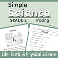A cover graphic for a Grade 2 tracing worksheet titled 'Simple Science Tracing' focusing on 'Habitats'. The design features a sage green background with two sample worksheet pages displayed in the center, showing black and white line art illustrations with some blue handwriting.