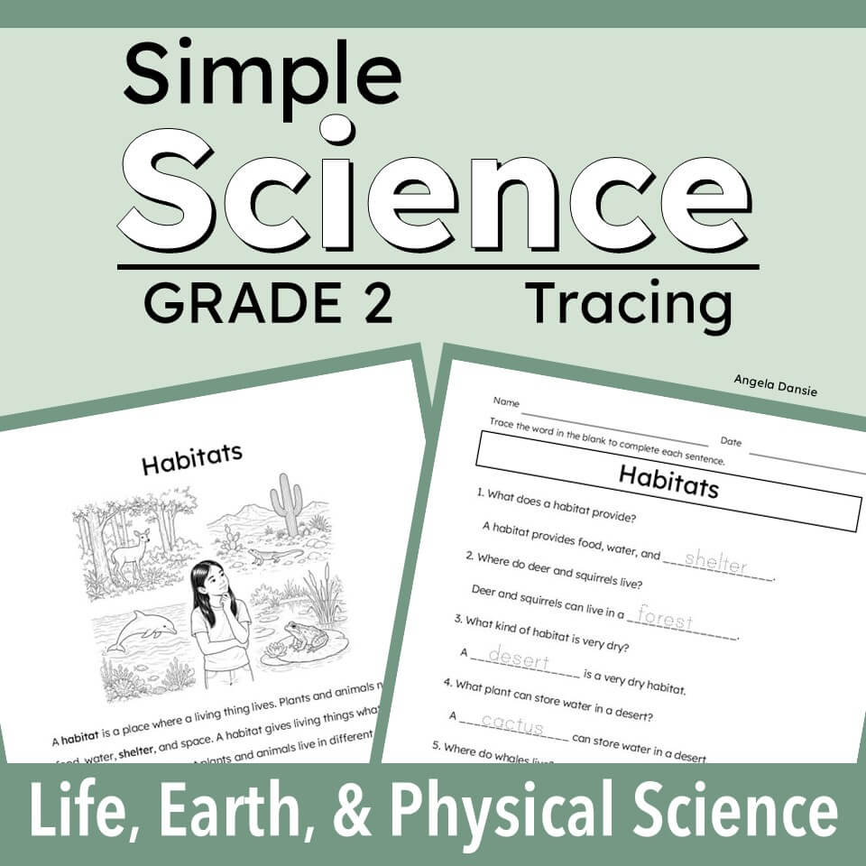 A cover graphic for a Grade 2 tracing worksheet titled 'Simple Science Tracing' focusing on 'Habitats'. The design features a sage green background with two sample worksheet pages displayed in the center, showing black and white line art illustrations with some blue handwriting.