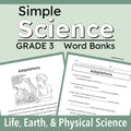 cover graphic for a Grade 3 Science Word Bank resource titled 'Simple Science' with 'Life, Earth, & Physical Science' text at the bottom. Two sample worksheet pages are shown on a pale green background.