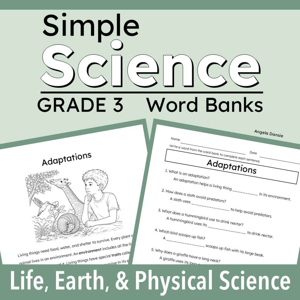 cover graphic for a Grade 3 Science Word Bank resource titled 'Simple Science' with 'Life, Earth, & Physical Science' text at the bottom. Two sample worksheet pages are shown on a pale green background.