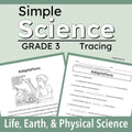 Grade 3 tracing worksheet cover titled 'Simple Science Tracing' with two sample worksheet pages shown on a pale green background. The pages feature black text, white paper, and a simple line drawing of a child studying.