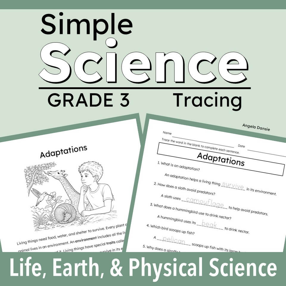 Grade 3 tracing worksheet cover titled 'Simple Science Tracing' with two sample worksheet pages shown on a pale green background. The pages feature black text, white paper, and a simple line drawing of a child studying.